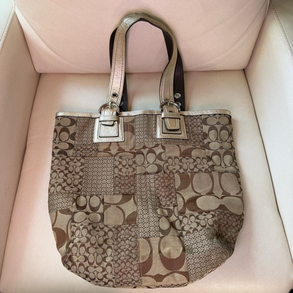 Coach Patchwork Signature Tote in Brown and Metallic